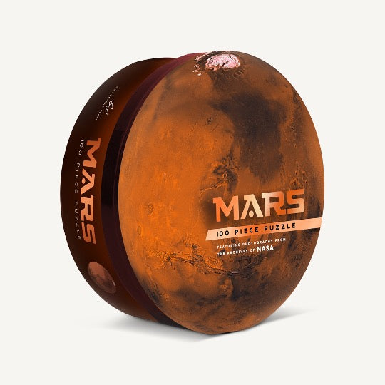Mars puzzle in round box with full image of planet Mars
