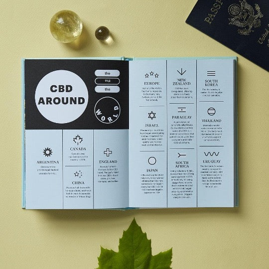 Merry Jane The CBD Solution: Wellness. Book open on table with glass orbs and passport cover
