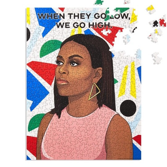 Michelle Obama illustration with colorful abstract images on background.  Text reads, When They Go Low, We Go High.