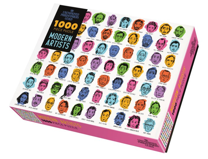 Modern artists puzzle with colorful illustrations of modern artists. 1000 pieces.