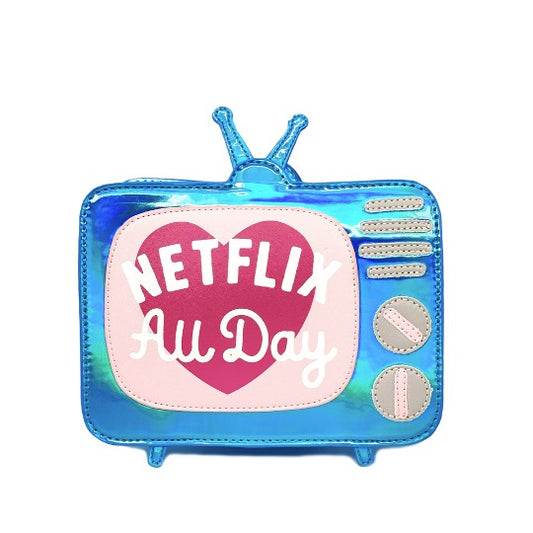 Vintage TV novelty handbag in blue metallic leather with text, Netflix All Day. 
