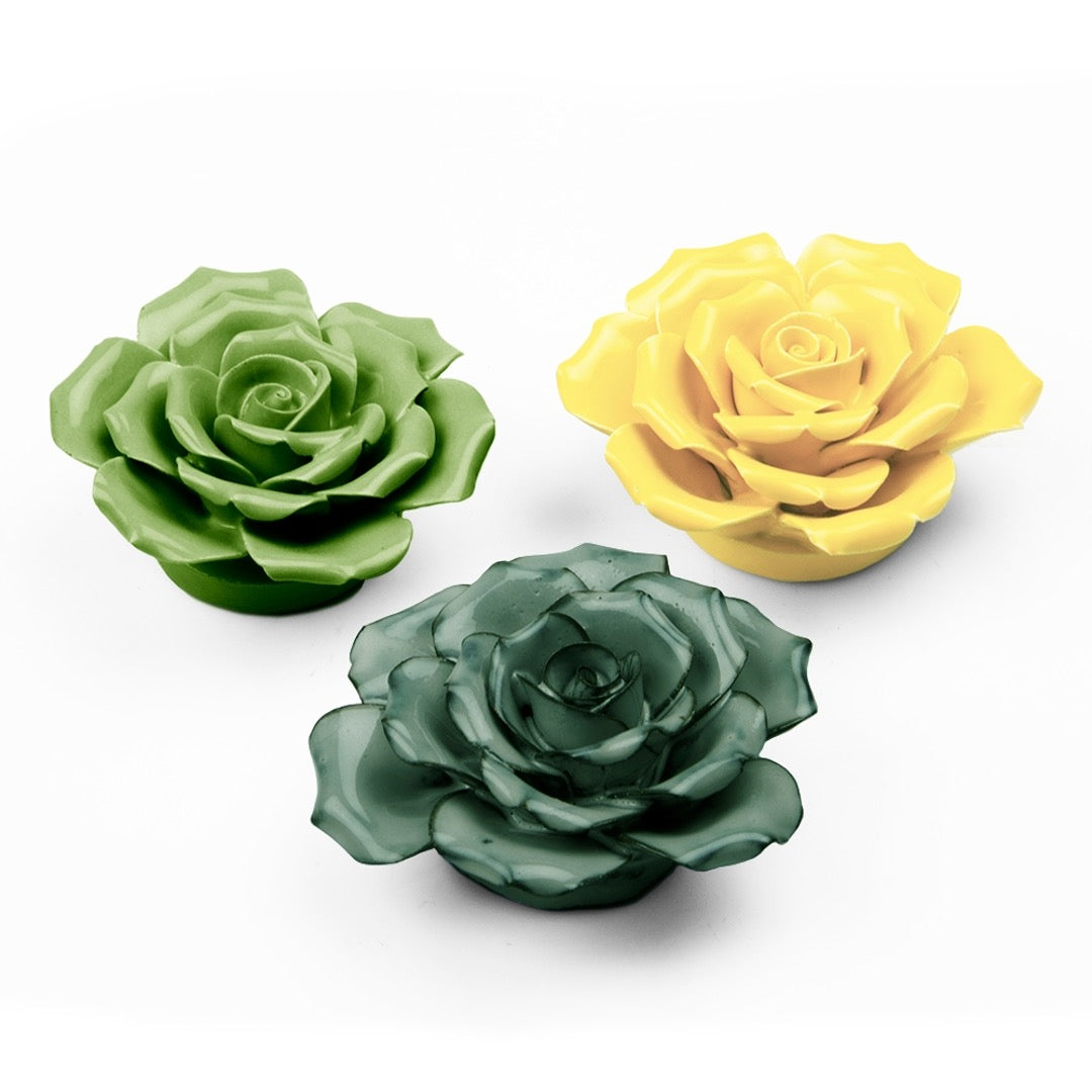 Set of 3 ceramic roses in green, teal and yellow