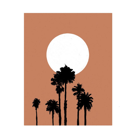Silhouette of palm trees in front of white sun, terracotta background.  Original artwork from Walker Noble Studios. 