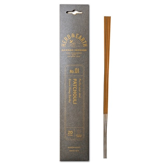 gray package with gold text and three incense sticks on right.