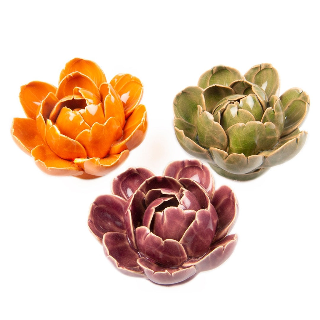 Set of 3 ceramic peony flowers in green, orange and purple