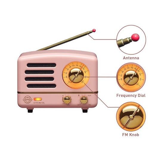 Pink metal OTR speaker with close-up pictures of dial and knobs