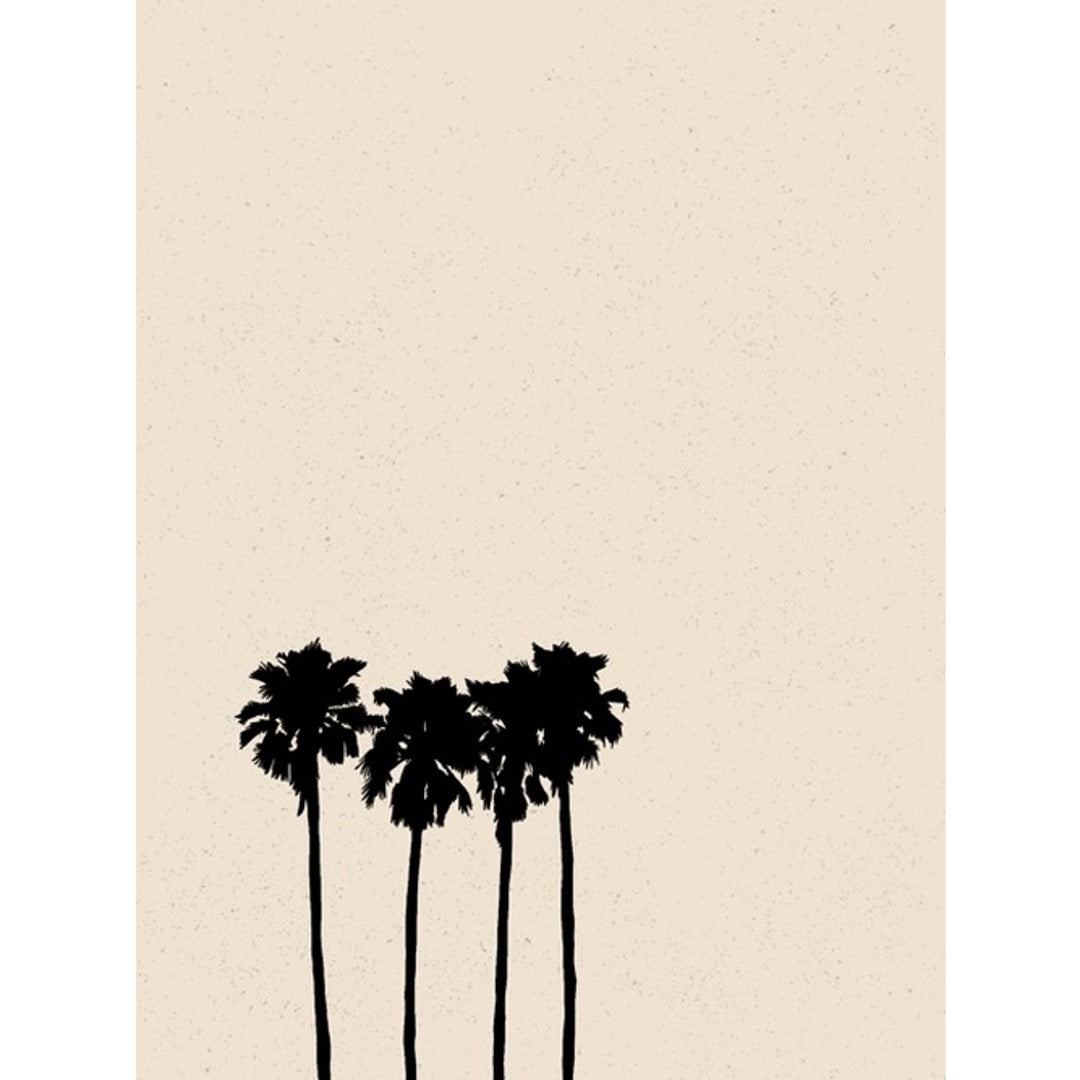 Black silhouette of four palm trees on cream background.  Original artwork from Walker Noble Studios. 