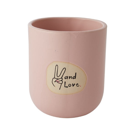 Pink pot with peace hand with text - and love. 