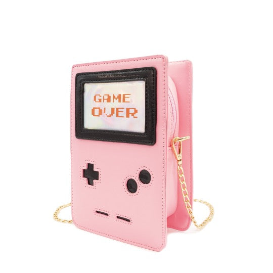 Pink 8-bit gamer novelty handbag with gold finish chain strap.