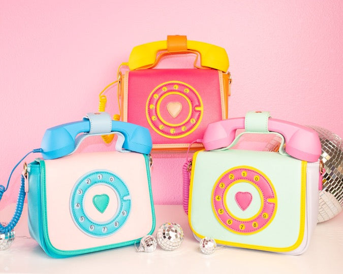 Vintage rotary handbags with working headset in blue, pink, and cotton candy mint