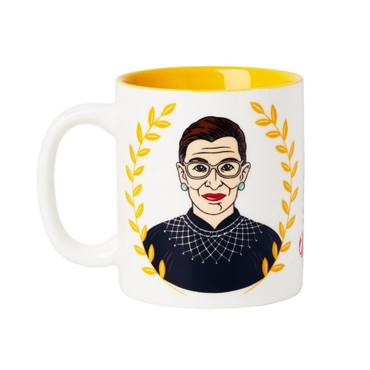 Ruth Bader Ginsburg ceramic mug with yellow leaves framing image and yellow inside mug
