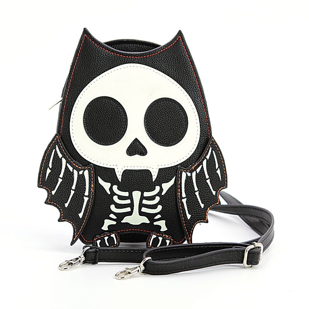 Skeleton bat glow-in-the-dark handbag, in black vinyl and white vinyl pattern. 