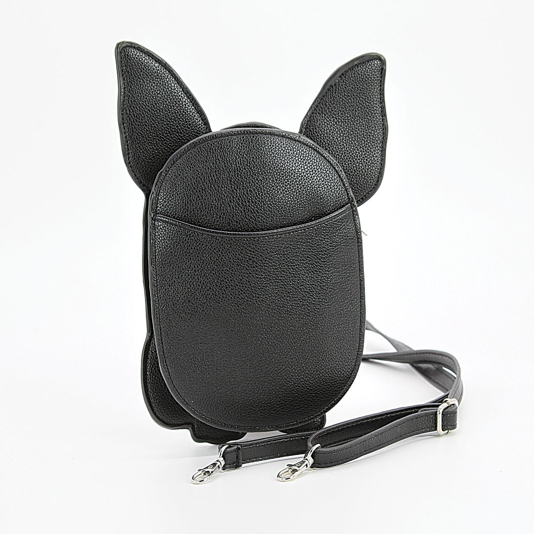 Back view of Sugar skull dog shoulder bag in black. 