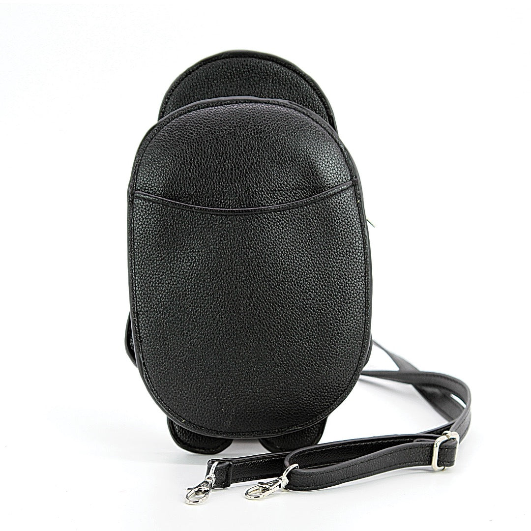 Back of sugar skull male handbag with detachable shoulder strap.