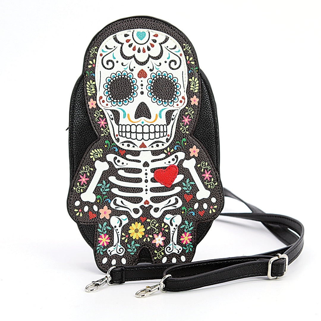 Sugar skull male handbag with detachable shoulder strap.