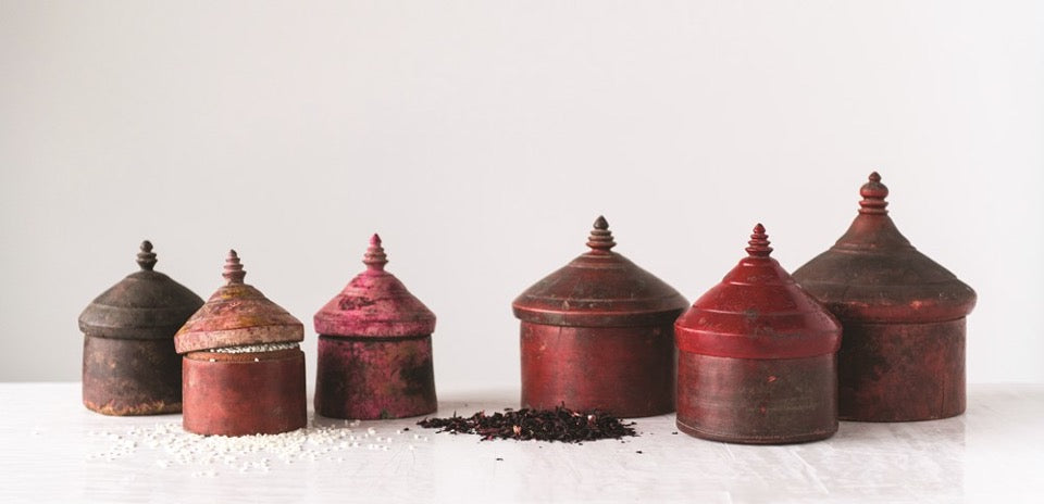 collection of red distressed tika boxes