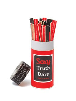 sexy truth or dare game - red and black tube with assorted red and black sticks. Lid tilted on side