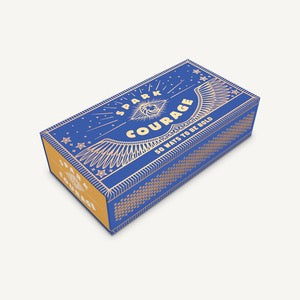 Spark Courage, 50 Ways To Be Bold, faux matchbox. Blue box with gold mystical designs. 
