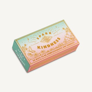 Spark Kindness, 50 Ways To Be Compassionate and Connect, pink and blue gradient box with gold mystical designs. 