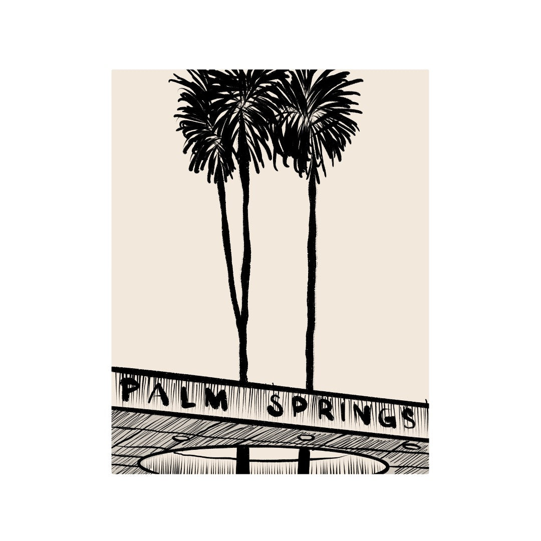 Black and cream illustration of Ten East Palm Springs.  Original artwork from Walker Noble Studios.