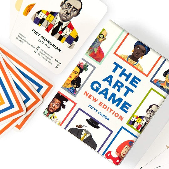 The Art Game New Edition Fifty Cards text.  Illustration of various artists with colored borders around each image. Sample of cards.