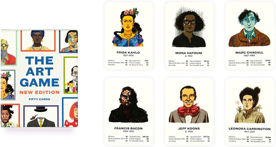 The Art Game New Edition Fifty Cards text.  Illustration of various artists with colored borders around each image. Sample of cards.
