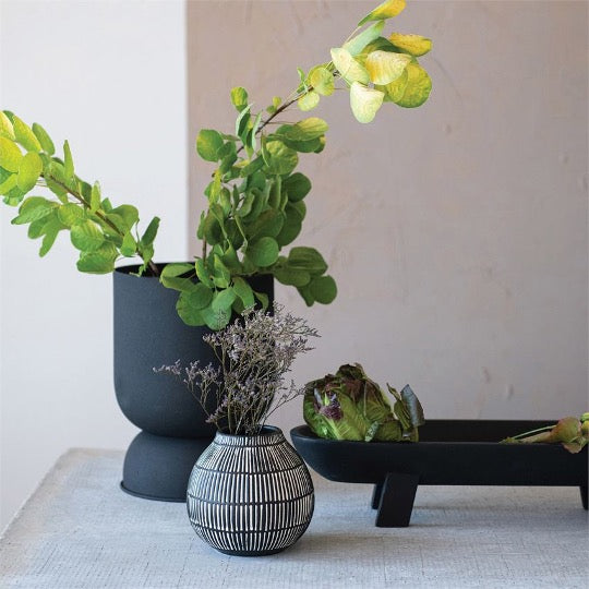 black & white vases with floral