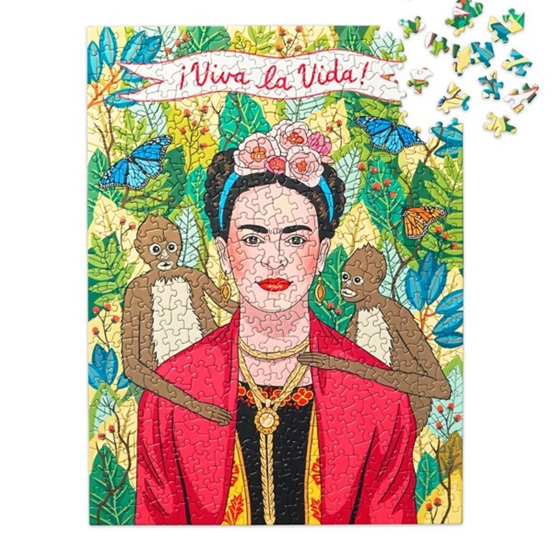500 piece jigsaw puzzle, Frida Kahlo in jungle with two monkeys on each side of her shoulder with Viva La Vida banner on top
