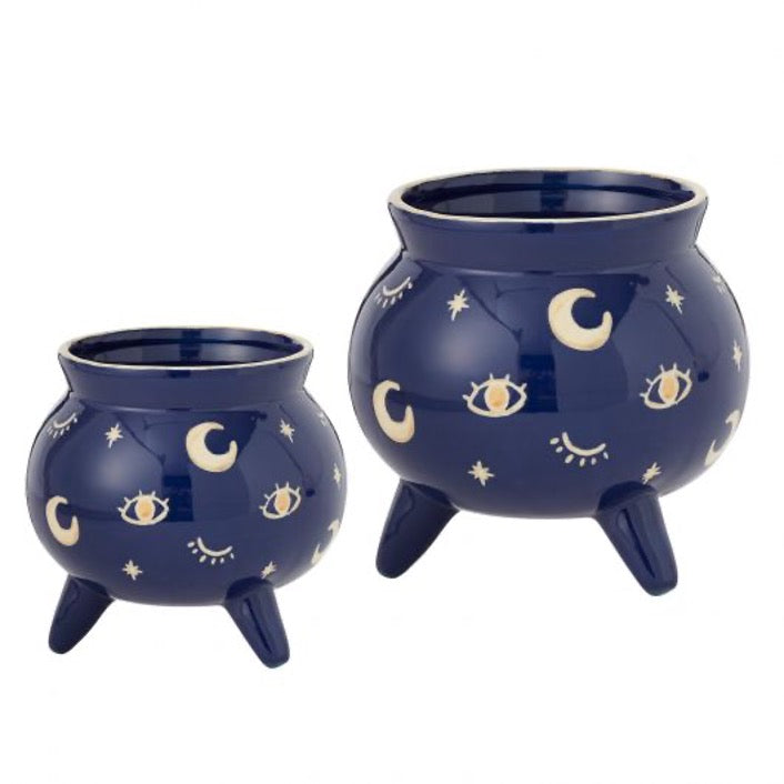 Set of witches cauldron pot in blue with cosmic illustrations in gold